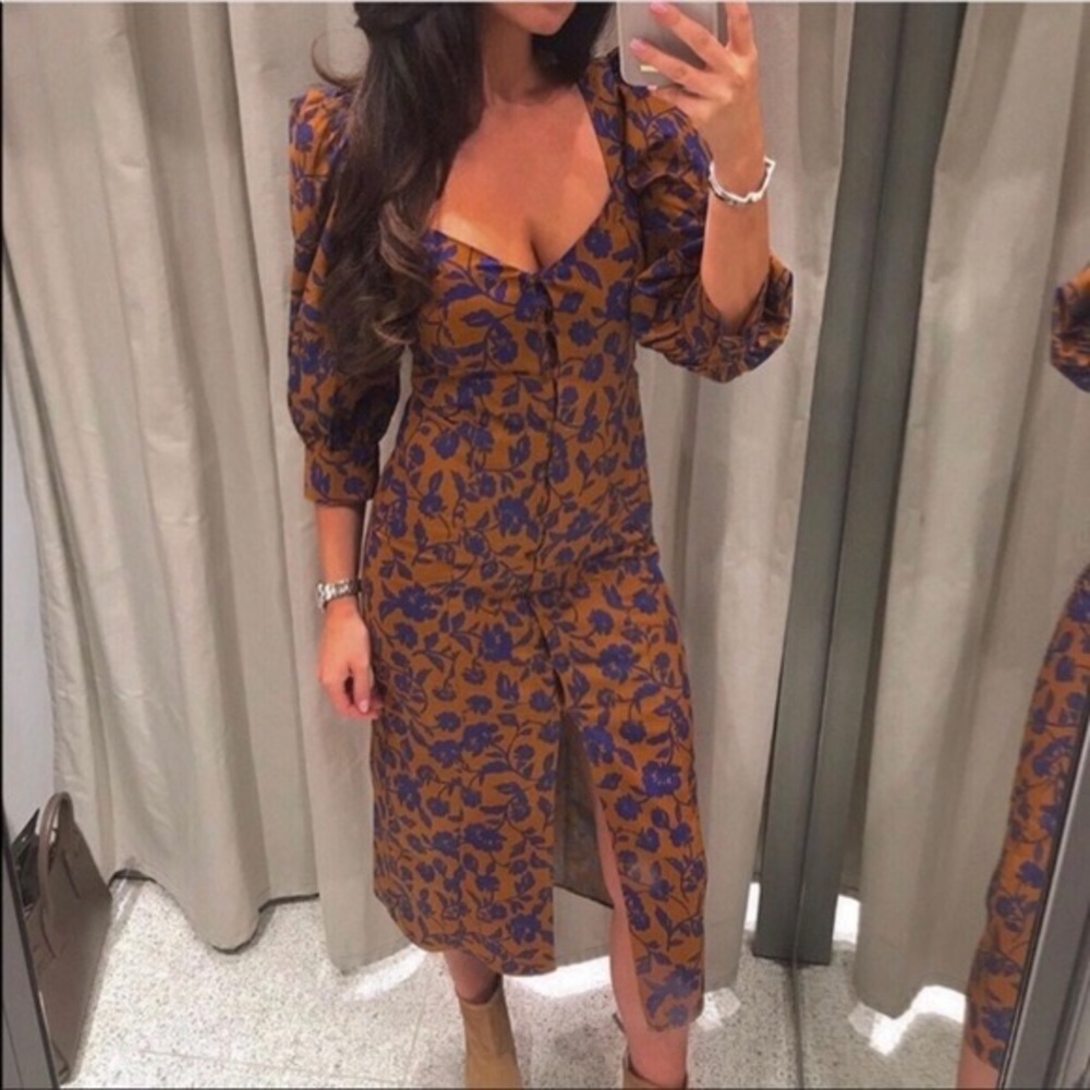 Zara’s limited-edition Poplin Midi dress in brown and blue floral print